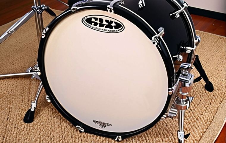 **Bass Drum Foundation:** A low-angle, dynamic shot of a bass drum firmly anchored on a drum rug, its spurs extended for maximum stability. A drummer's foot is precisely positioned on the kick pedal, conveying comfortable and powerful footwork, symbolizing the rhythmic foundation of the kit.