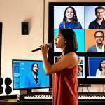 A flutist performing or teaching live from a sophisticated, modern home studio. The setup includes professional microphones and a large screen displaying a mosaic of diverse faces from different global locations, representing students or an international audience. The atmosphere is vibrant and connected, with a sense of high-fidelity digital interaction and seamless technology.