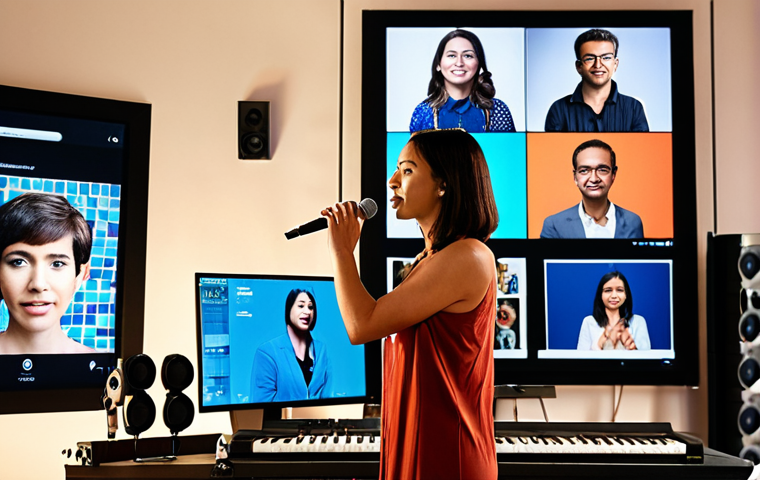 A flutist performing or teaching live from a sophisticated, modern home studio. The setup includes professional microphones and a large screen displaying a mosaic of diverse faces from different global locations, representing students or an international audience. The atmosphere is vibrant and connected, with a sense of high-fidelity digital interaction and seamless technology.