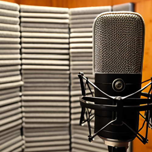Home 19 **
Close-up studio shot of a condenser microphone with a pop filter, positioned in front of a sound-treated vocal booth. The focus should be on the microphone capsule. Soft, diffused lighting. The background shows acoustic foam panels and bass traps. Aim for a professional and inviting atmosphere, emphasizing clarity and audio quality.
**