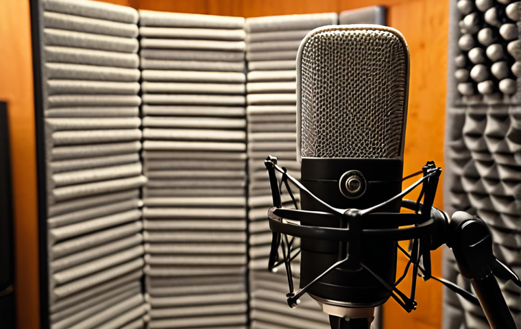 **
Close-up studio shot of a condenser microphone with a pop filter, positioned in front of a sound-treated vocal booth. The focus should be on the microphone capsule. Soft, diffused lighting. The background shows acoustic foam panels and bass traps. Aim for a professional and inviting atmosphere, emphasizing clarity and audio quality.
**