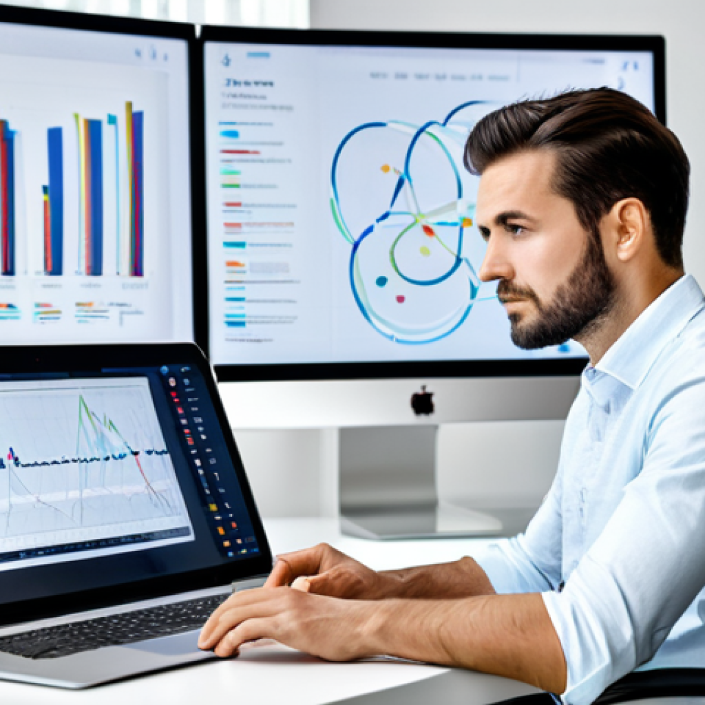 A professional male or female digital strategist, in a modest business casual outfit, sitting at a sleek desk in a modern, well-lit office. The individual is looking at a large holographic interface displaying complex data visualizations, charts, and content analytics. Their expression is focused and thoughtful, demonstrating strategic insight and engagement with AI tools. The background shows a clean, organized workspace with subtle tech elements. Fully clothed, appropriate attire, safe for work, perfect anatomy, correct proportions, natural pose, well-formed hands, proper finger count, natural body proportions, professional photography, high quality.