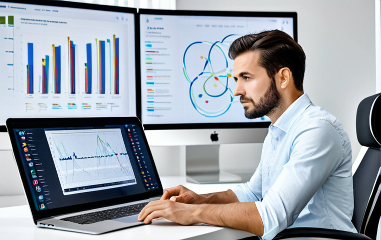 A professional male or female digital strategist, in a modest business casual outfit, sitting at a sleek desk in a modern, well-lit office. The individual is looking at a large holographic interface displaying complex data visualizations, charts, and content analytics. Their expression is focused and thoughtful, demonstrating strategic insight and engagement with AI tools. The background shows a clean, organized workspace with subtle tech elements. Fully clothed, appropriate attire, safe for work, perfect anatomy, correct proportions, natural pose, well-formed hands, proper finger count, natural body proportions, professional photography, high quality.