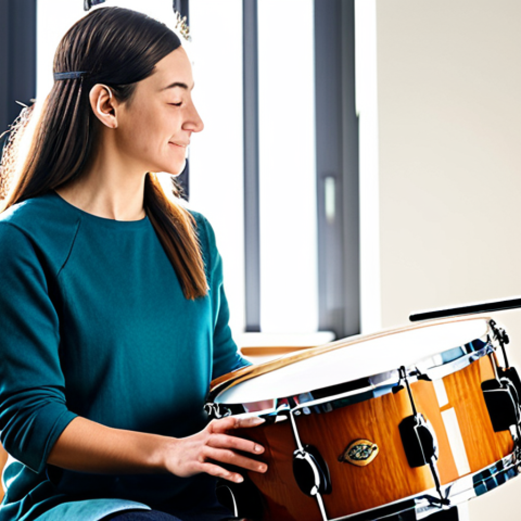 **

A woman playing a drum in a sunlit studio, fully clothed in comfortable, modest attire, safe for work, appropriate content, perfect anatomy, natural proportions, therapeutic environment, calming atmosphere, mindful activity, professional photography, high quality.

**