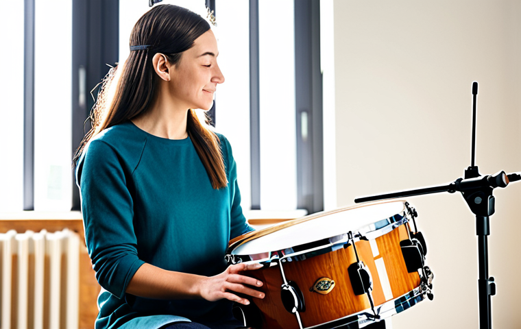 **

A woman playing a drum in a sunlit studio, fully clothed in comfortable, modest attire, safe for work, appropriate content, perfect anatomy, natural proportions, therapeutic environment, calming atmosphere, mindful activity, professional photography, high quality.

**
