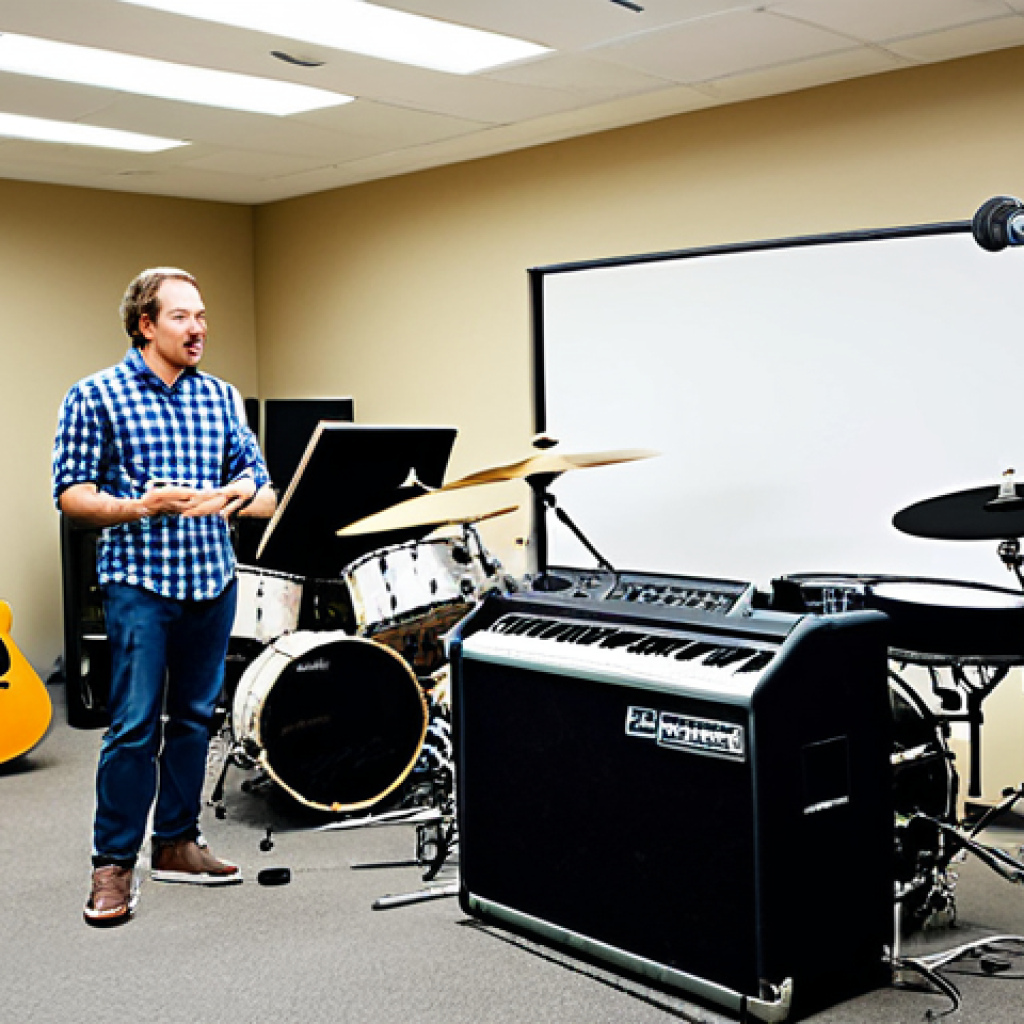 Band Rehearsal Space**

A well-organized band rehearsal space, showing instruments (drums, guitars, keyboards) set up and ready to play. Focus on the practicality of the space: good lighting, acoustic treatment, maybe a whiteboard with song arrangements. Several musicians (fully clothed in casual attire) are engaged in setting up their equipment. safe for work, appropriate content, fully clothed, professional, correct proportions, natural pose, well-formed hands, proper finger count, family-friendly.

**