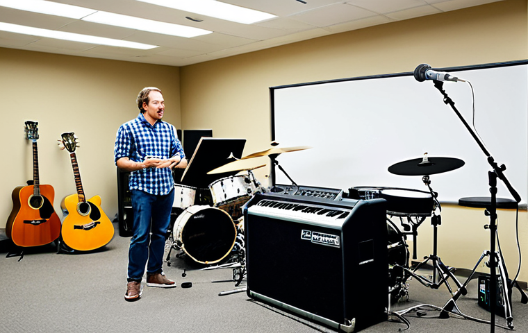 Band Rehearsal Space**

A well-organized band rehearsal space, showing instruments (drums, guitars, keyboards) set up and ready to play. Focus on the practicality of the space: good lighting, acoustic treatment, maybe a whiteboard with song arrangements. Several musicians (fully clothed in casual attire) are engaged in setting up their equipment. safe for work, appropriate content, fully clothed, professional, correct proportions, natural pose, well-formed hands, proper finger count, family-friendly.

**