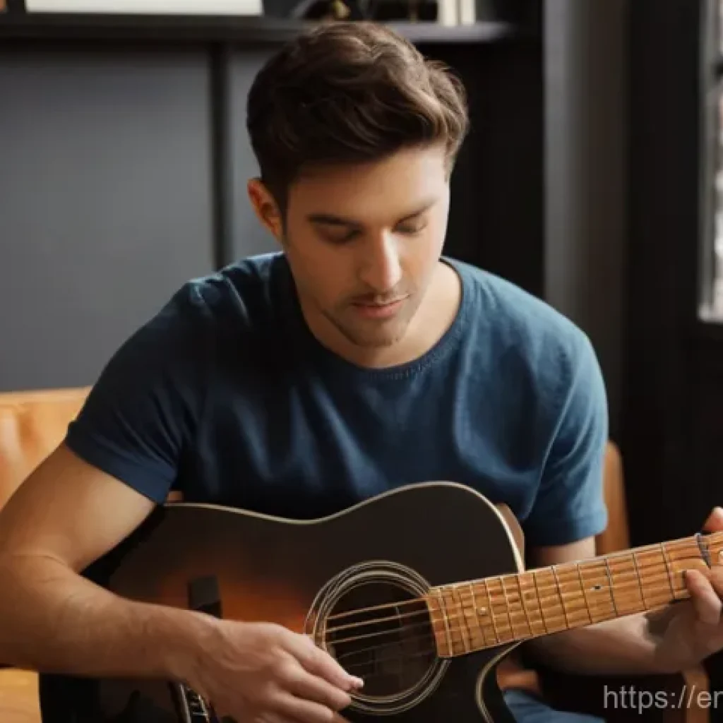 기타 악보 작성법 - **A Focused Guitarist Deciphering Musical Notation:**
    A male guitarist in his late 20s, dressed ...