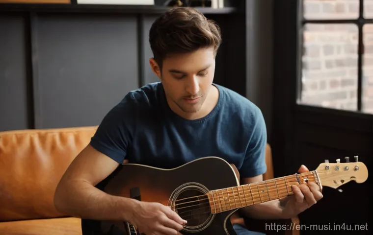 기타 악보 작성법 - **A Focused Guitarist Deciphering Musical Notation:**
    A male guitarist in his late 20s, dressed ...