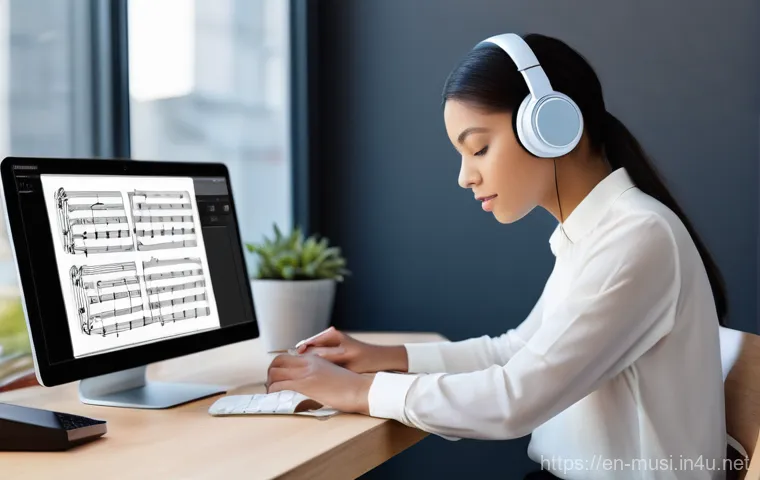 기타 악보 작성법 - **A Focused Guitarist Deciphering Musical Notation:**
    A male guitarist in his late 20s, dressed ...