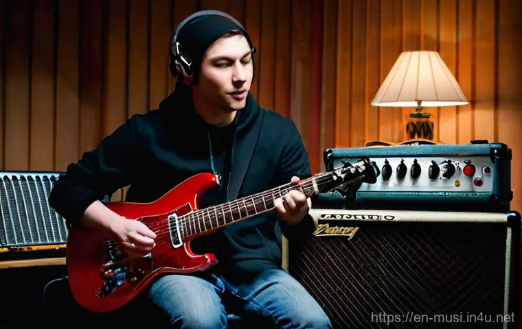 기타 앰프 튜닝 방법 - **Prompt 1: The Amp Whisperer**
    A focused young guitarist, male or female, with casual but styli...