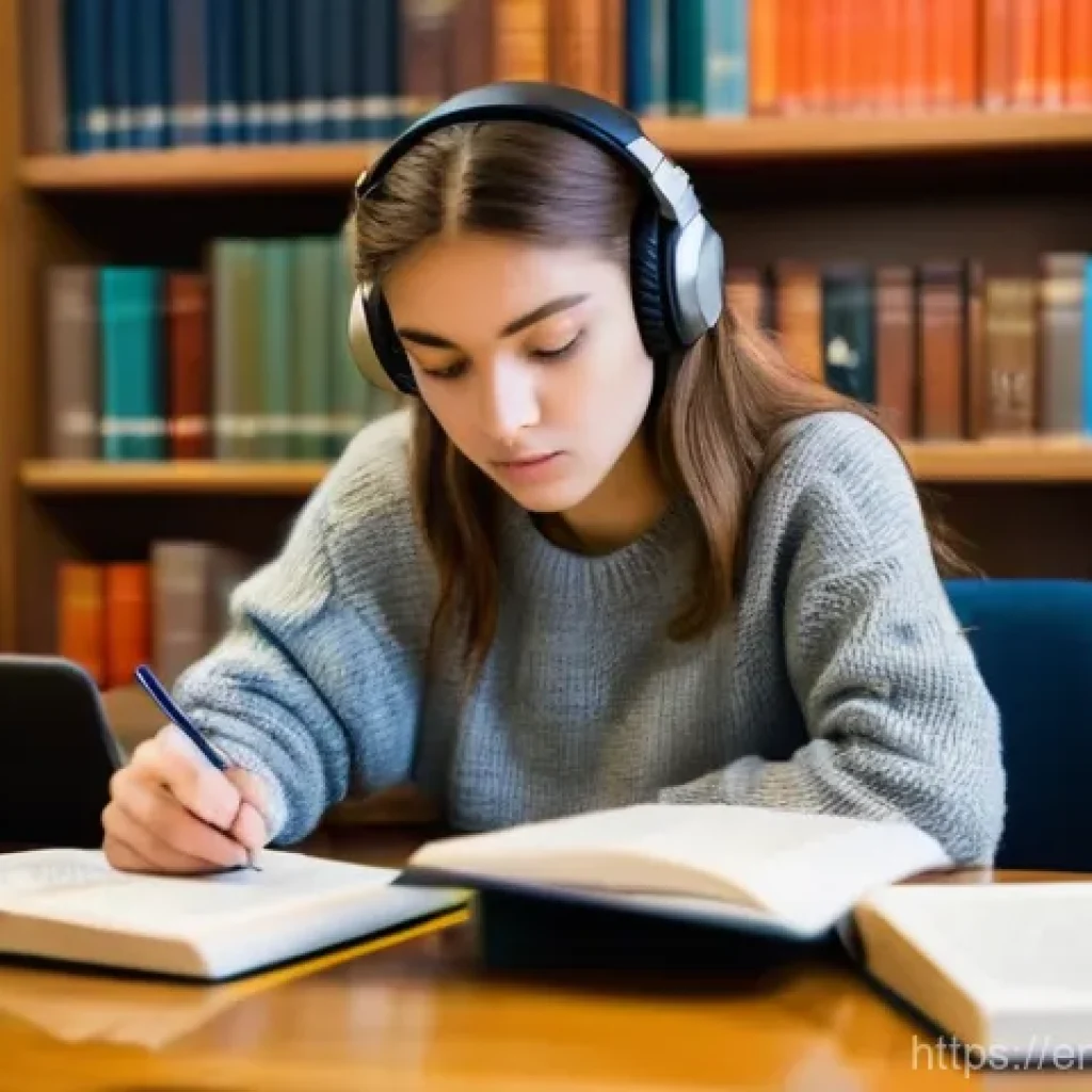 기타 연습 장소 추천 - A focused young woman, around 20-25 years old, with her hair tied back, is deeply engrossed in study...