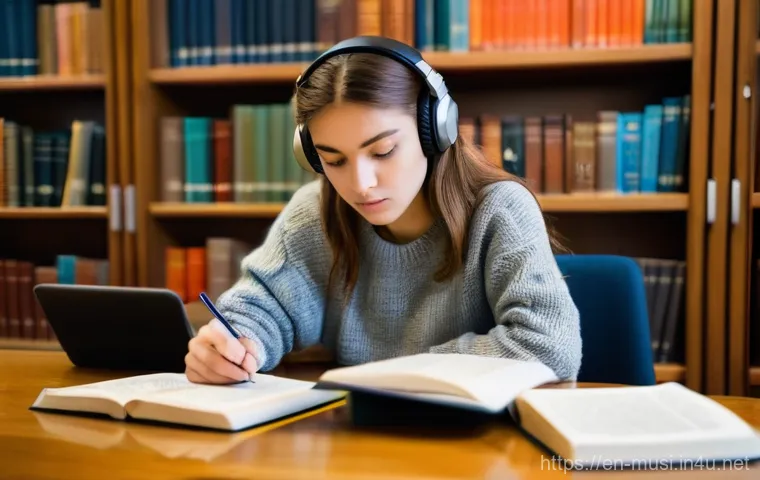 기타 연습 장소 추천 - A focused young woman, around 20-25 years old, with her hair tied back, is deeply engrossed in study...