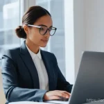 기타 트렌드 변화 - **Prompt:** A diverse professional (e.g., a woman in her early 30s) is sitting at a sleek, minimalis...