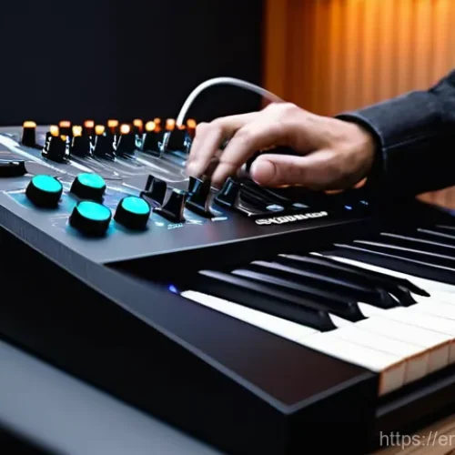 신디사이저와 MIDI 연동 - **"The Digital Handshake: Studio Genesis"**
    A focused shot on a musician's hands, illuminated by...