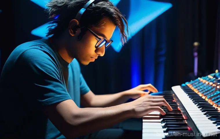 신디사이저와 MIDI 연동 - **"The Digital Handshake: Studio Genesis"**
    A focused shot on a musician's hands, illuminated by...