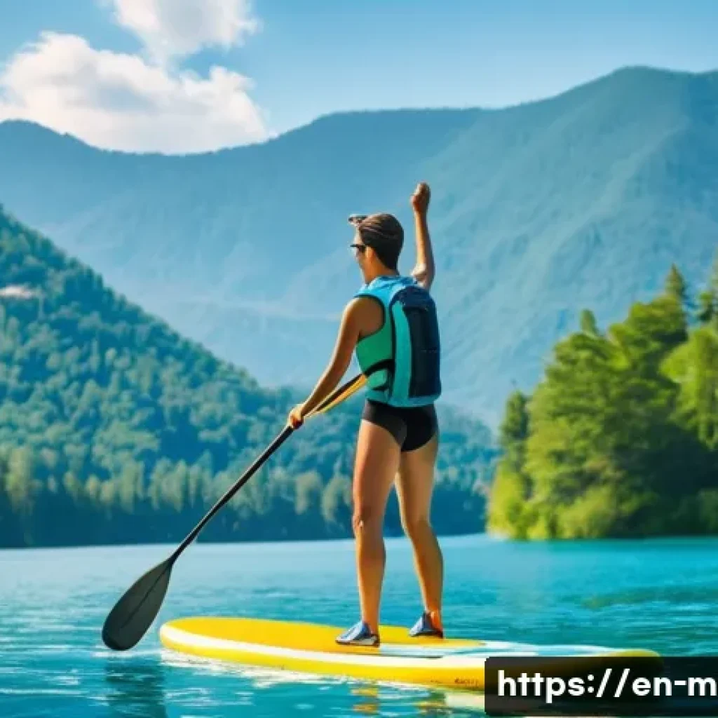 기타 렌탈 서비스 - **Prompt:** A vibrant, sun-drenched scene of a young adult, confidently paddleboarding on a serene, ...