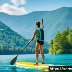 기타 렌탈 서비스 - **Prompt:** A vibrant, sun-drenched scene of a young adult, confidently paddleboarding on a serene, ...