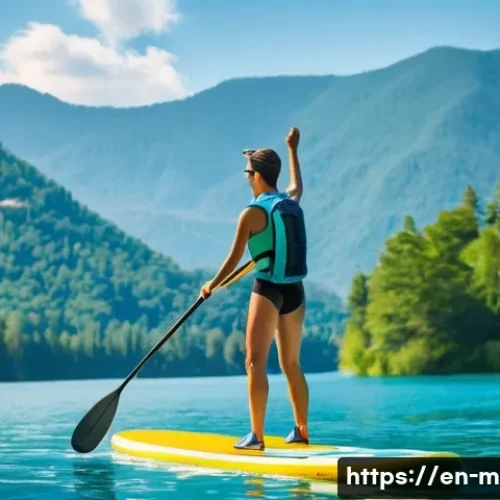 기타 렌탈 서비스 - **Prompt:** A vibrant, sun-drenched scene of a young adult, confidently paddleboarding on a serene, ...