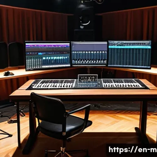 드럼 녹음 장비 추천 - A professional music studio setup focused on drum recording, featuring a drum kit miked with a combi...