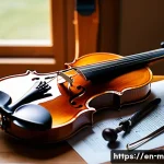 바이올린 현 교체법 - A close-up scene of a violin workspace bathed in natural light from a nearby window, featuring a pol...