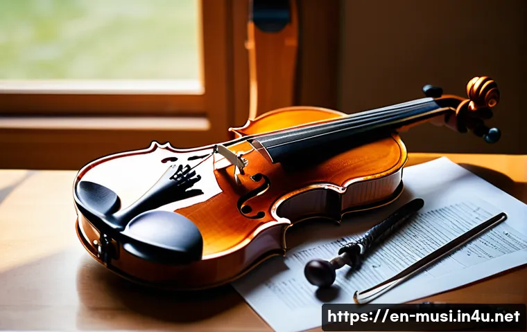 바이올린 현 교체법 - A close-up scene of a violin workspace bathed in natural light from a nearby window, featuring a pol...