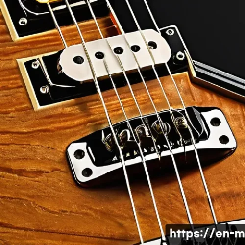 기타 소리 증폭 원리 - A highly detailed close-up of an electric guitar’s magnetic pickup system, showcasing single-coil an...