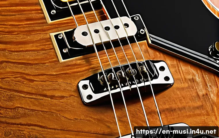 기타 소리 증폭 원리 - A highly detailed close-up of an electric guitar’s magnetic pickup system, showcasing single-coil an...