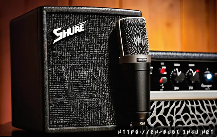 기타 녹음 장비 추천 - A close-up studio shot of a professional dynamic microphone (Shure SM57) positioned right in front o...