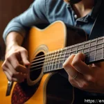 기타와 피아노 비교 - A close-up scene of a skilled guitarist’s hands playing an acoustic guitar, fingers pressing down on...