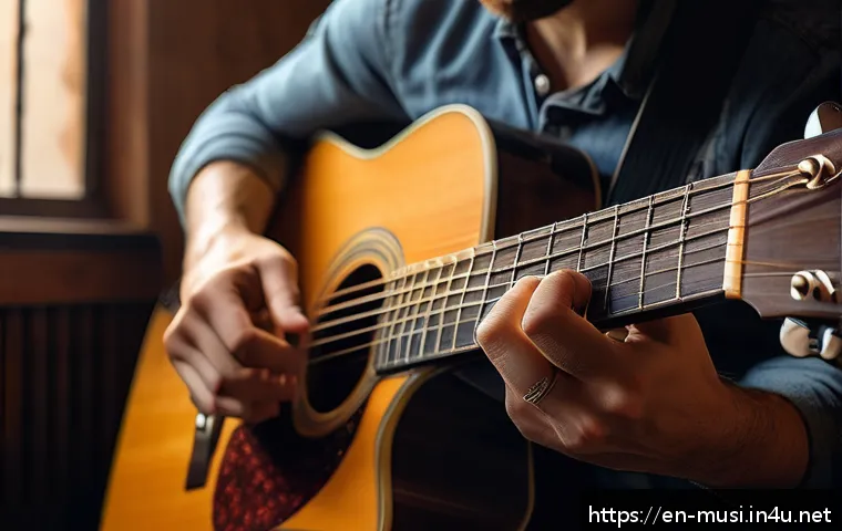 기타와 피아노 비교 - A close-up scene of a skilled guitarist’s hands playing an acoustic guitar, fingers pressing down on...