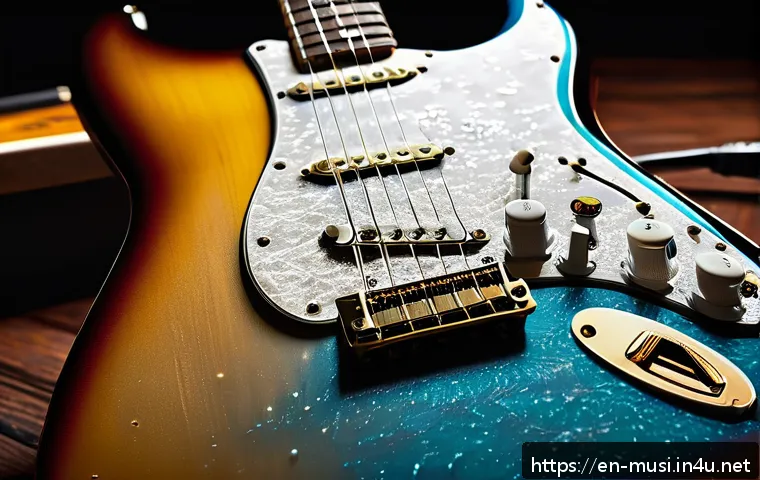 기타 픽업 음질 차이 - A highly detailed close-up of a classic Stratocaster electric guitar featuring single-coil pickups, ...