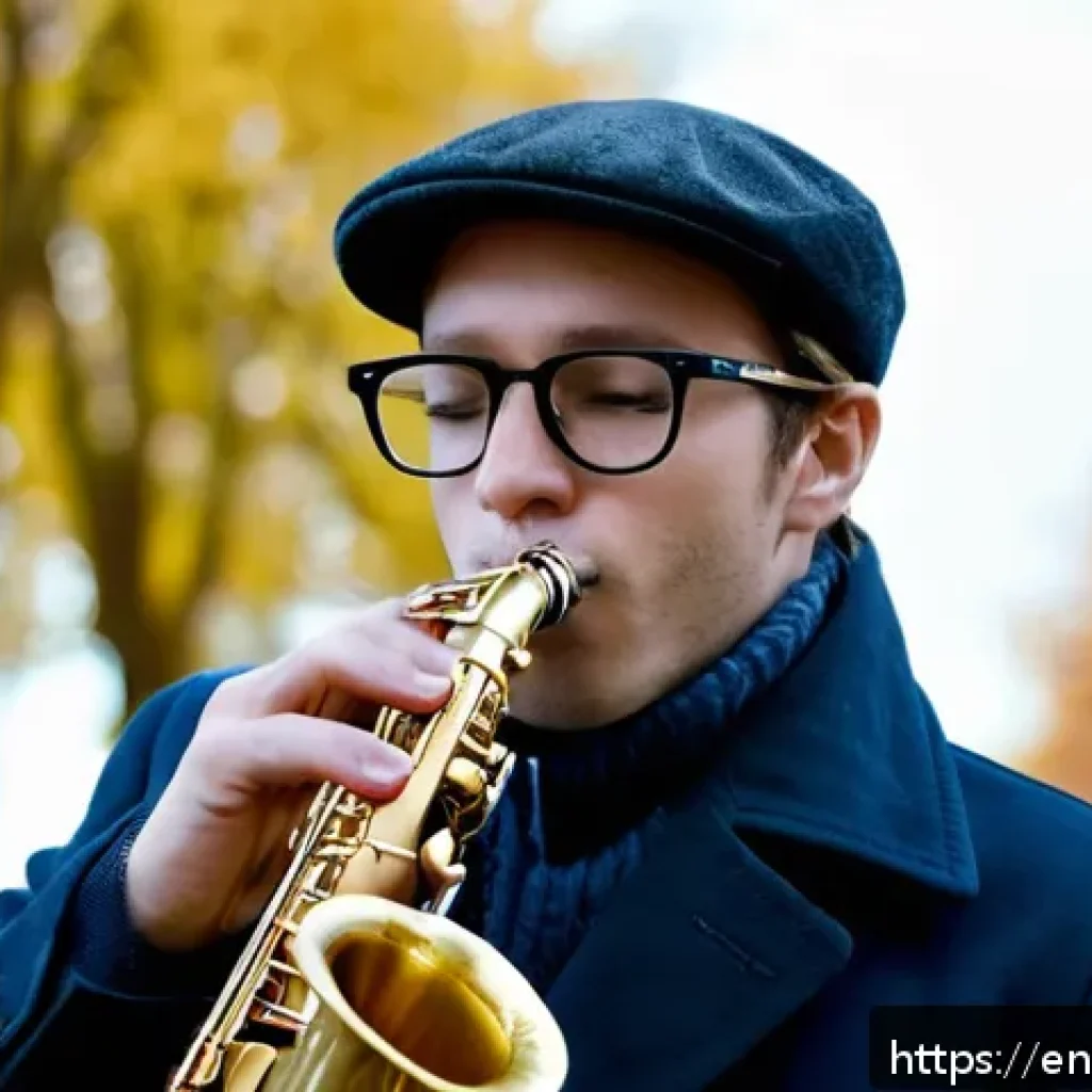 색소폰 튜닝 가이드 - A detailed close-up of a professional saxophonist adjusting their embouchure while playing outdoors ...