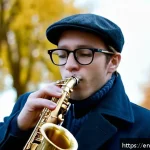 색소폰 튜닝 가이드 - A detailed close-up of a professional saxophonist adjusting their embouchure while playing outdoors ...