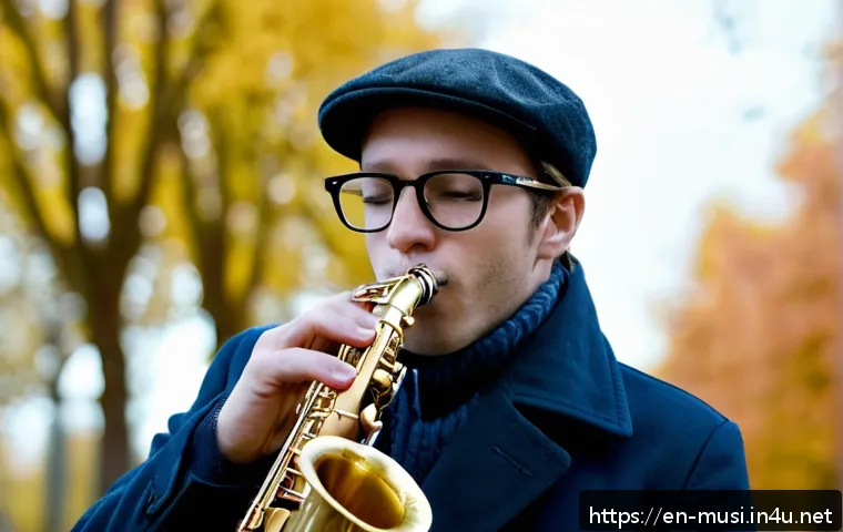 색소폰 튜닝 가이드 - A detailed close-up of a professional saxophonist adjusting their embouchure while playing outdoors ...