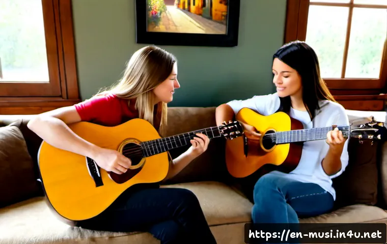 기타 듀오 곡 추천 - Photorealistic acoustic guitar duet in a cozy sunlit living room, two adult friends seated facing ea...