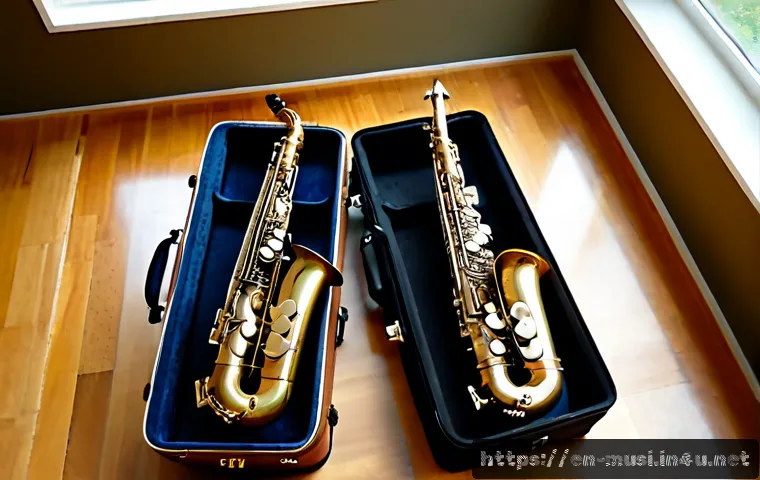 색소폰 케이스 선택법 - Photorealistic overhead comparison scene of three saxophone cases arranged neatly on a warm wooden s...
