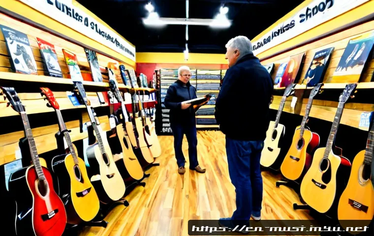 기타 구매 가이드 - Photorealistic wide-angle music shop scene with a middle-aged shopper carefully comparing three unbr...
