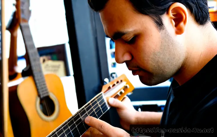 Home 18 중고 기타 구매 팁 - Photorealistic close-up of a buyer carefully inspecting a used acoustic guitar in a bright local mus...