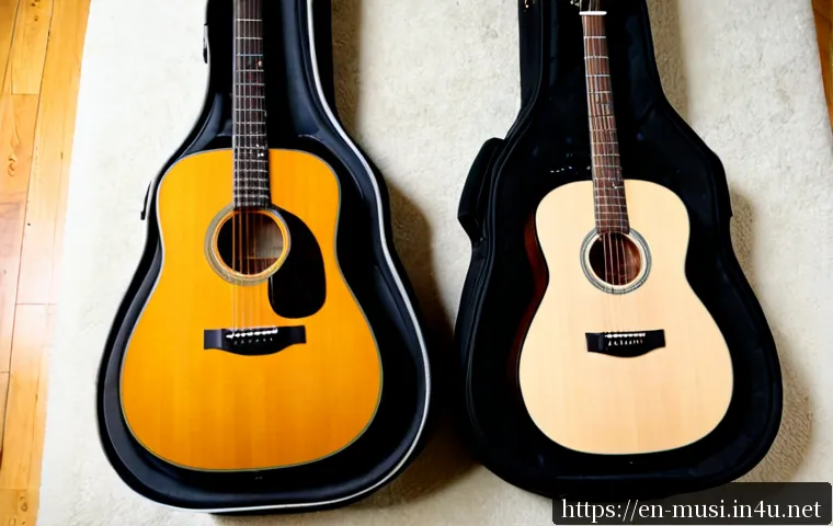 Home 17 기타 하드케이스 vs 소프트케이스 - Photorealistic side-by-side comparison of an acoustic guitar protected in a rugged black molded hard...