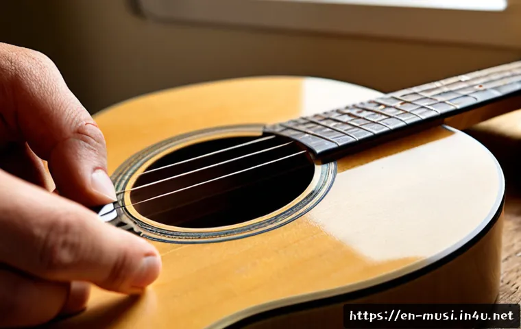 기타 브릿지 핀 제거법 - Photorealistic close-up of an acoustic guitar lying on a clean wooden workbench, adult hands using a...