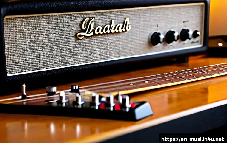 기타 앰프 소리 설정 - Photorealistic close-up of an electric guitar amplifier on a tidy home studio desk, a musician’s han...