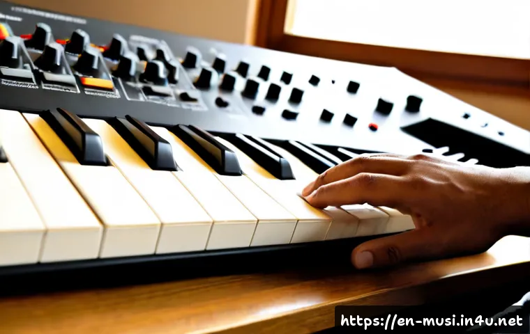Home 17 신디사이저와 작곡 - Photorealistic home music studio, close three-quarter view of a composer’s hands adjusting knobs on ...